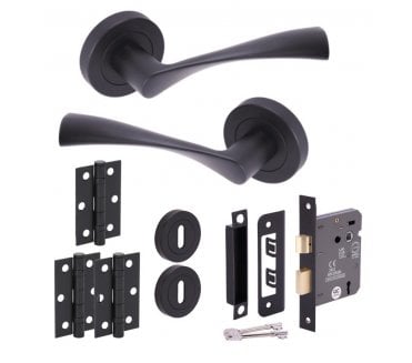 Hunta Zena Matt Black Door Handle Lock Pack (3x Hinges)
