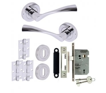 Hunta Zena Polished Chrome Door Handle Lock Pack (3x Hinges)