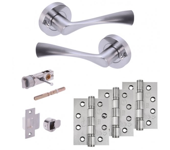 Hunta Zena Privacy Door Handle Bullet Latch Pack (x3 102mm Fire Rated Hinges) - Satin Chrome