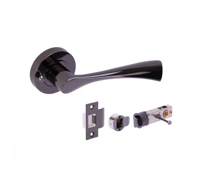 Hunta Zena Privacy Door Handle on Rose W/Privacy Bullet Latch - Black Nickel