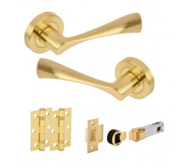Hunta Zena Satin Brass Door Handle Bullet Latch Pack (x2 hinges).