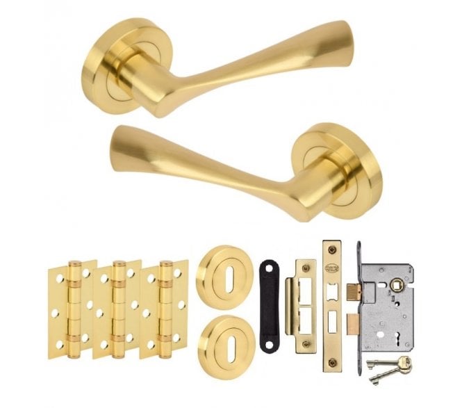 Hunta Zena Satin Brass Door Handle Lock Pack (3x Hinges)