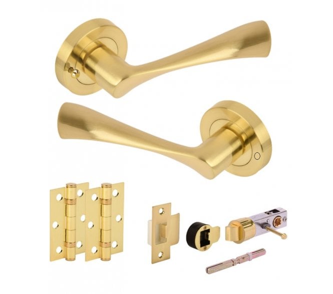 Hunta Zena Satin Brass Privacy Door Handle Bullet Latch Pack (x2 hinges)