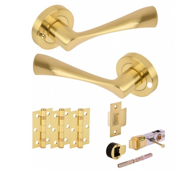 Hunta Zena Satin Brass Privacy Door Handle Bullet Latch Pack (x3 hinges)
