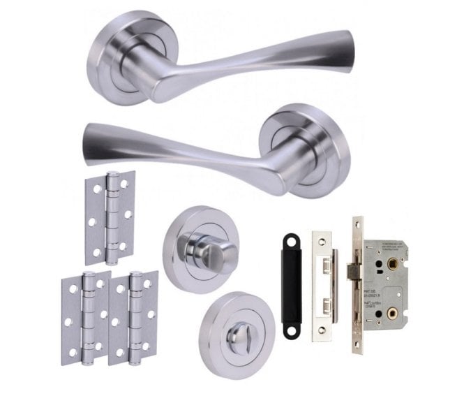 Hunta Zena Satin Chrome Door Handle Bathroom Pack (3x Hinges)