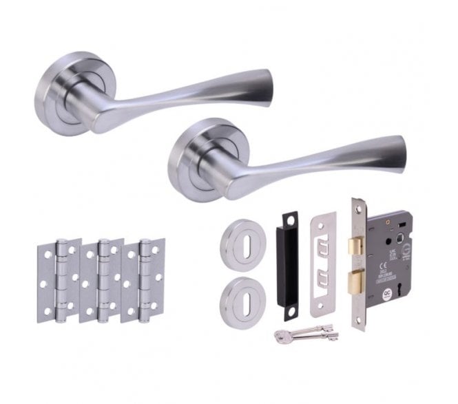 Hunta Zena Satin Chrome Door Handle Lock Pack (3x Hinges)