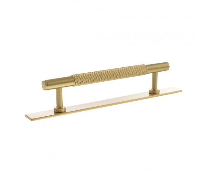 Millhouse Brass MHCKB17 Eiffel Knurled T-Bar Cabinet Pull Handles On Backplate - Satin Brass