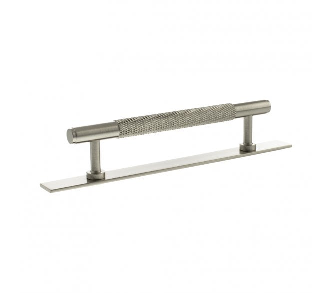 Millhouse Brass MHCKB17 Eiffel Knurled T-Bar Cabinet Pull Handles On Backplate - Satin Nickel