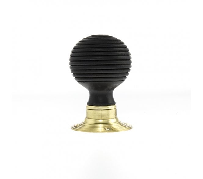 Old English Round Reeded Ebony Wood Mortice Knob  - Polished Brass