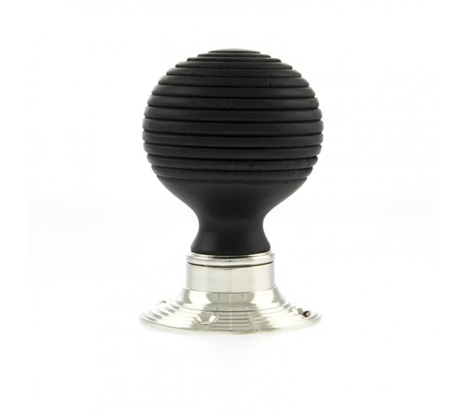 Old English Whitby Round Reeded Ebony Wood Mortice Knob - Polished Nickel