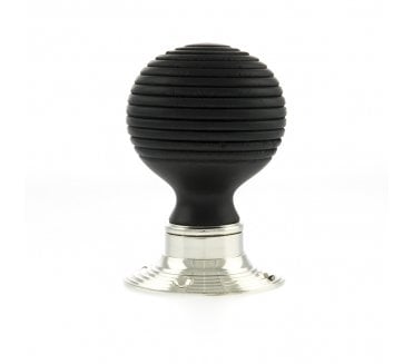 Old English Whitby Round Reeded Ebony Wood Mortice Knob - Polished Nickel