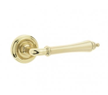 Parisian Art Deco Camille Door Handles On Round Rose - Polished Brass