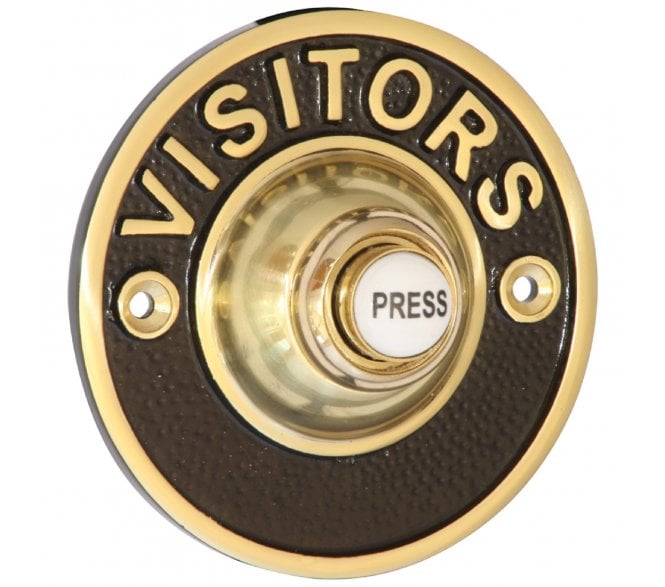 Prima Circular Bell Push W/ Engraved 'Visitors' Button - Polished Brass