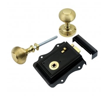 Prima Decorative (Black) Rim Latch Set c/w Beehive Rim Knobs - Polished Brass