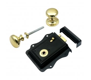 Prima Decorative (Black) Rim Latch Set c/w Mushroom Rim Knobs - Polished Brass