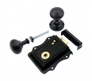 Prima Fancy (Black) Rim Latch Set c/w Beehive Rim Knobs - Matt Black