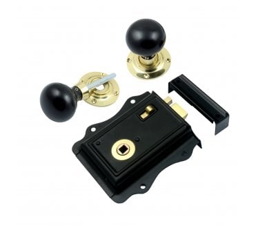 Prima Fancy Rim Latch & Ebony Mushroom Rim Knobs - Polished Brass