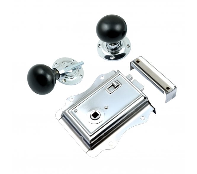 Prima Fancy Rim Latch & Ebony Mushroom Rim Knobs - Polished Chrome