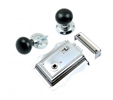Prima Fancy Rim Latch & Ebony Mushroom Rim Knobs - Polished Chrome