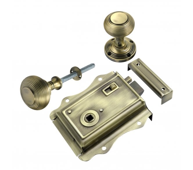 Prima Fancy Rim Latch Set c/w Beehive Rim Knobs - Antique Brass