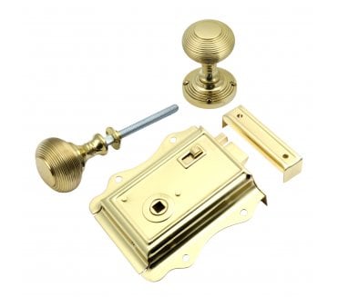 Prima Fancy Rim Latch Set c/w Beehive Rim Knobs - Polished Brass