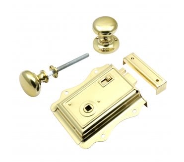Prima Fancy Rim Latch Set c/w Mushroom Rim Knobs - Polished Brass