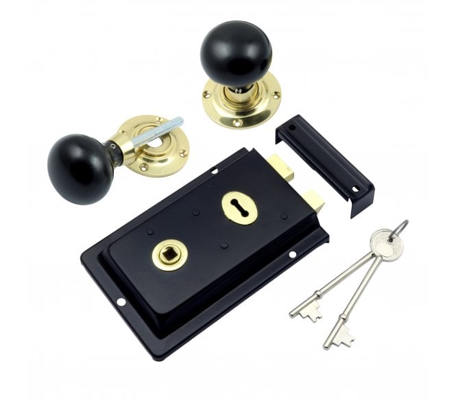 Prima Flanged Black Rim Lock c/w Ebony Mushroom Rim Knobs - Brass Roses