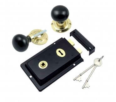 Prima Flanged Black Rim Lock c/w Ebony Mushroom Rim Knobs - Brass Roses