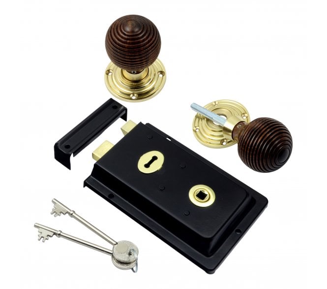 Prima Flanged (Black) Rim Lock c/w Rosewood Beehive Rim Knobs - Brass Roses