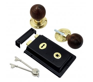 Prima Flanged (Black) Rim Lock c/w Rosewood Beehive Rim Knobs - Brass Roses
