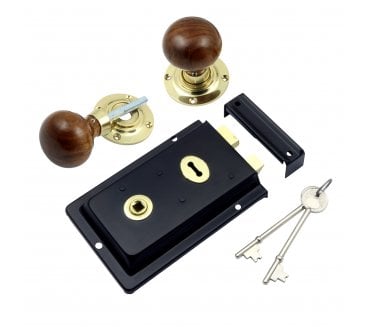 Prima Flanged (Black) Rim Lock c/w Rosewood Mushroom Rim Knobs - Brass Roses