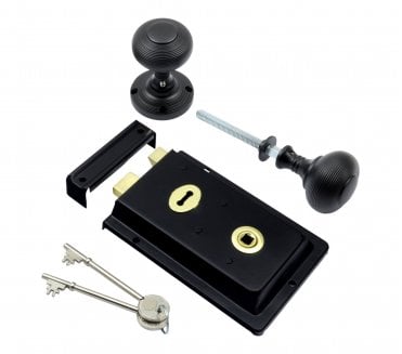 Prima Flanged Rim Lock (Black) c/w Beehive Rim Knobs - Matt Black