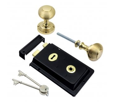 Prima Flanged Rim Lock (Black) c/w Beehive Rim Knobs - Polished Brass