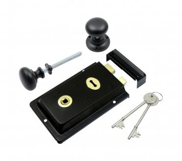 Prima Flanged Rim Lock (Black) c/w Mushroom Rim Knobs - Matt Black