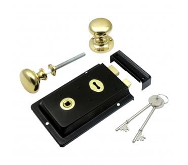 Prima Flanged Rim Lock (Black) c/w Mushroom Rim Knobs - Polished Brass