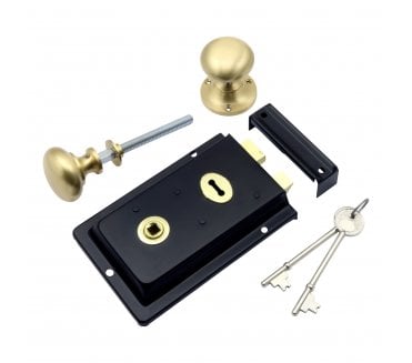 Prima Flanged Rim Lock (Black) c/w Mushroom Rim Knobs - Satin Brass