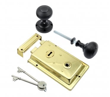 Prima Flanged Rim Lock (Brass) c/w Beehive Rim Knobs - Matt Black