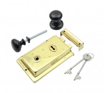 Prima Flanged Rim Lock (Brass) c/w Mushroom Rim Knobs - Matt Black