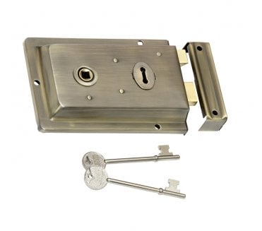 Prima Flanged Rim Lock c/w 2no Keys - Antique Brass