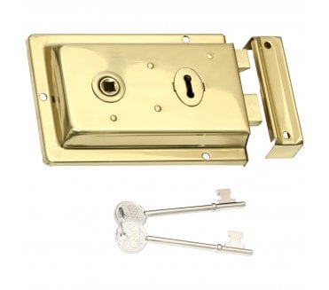 Prima Flanged Rim Lock c/w 2no Keys - Polished Brass