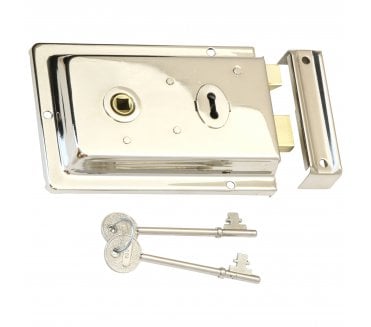 Prima Flanged Rim Lock c/w 2no Keys - Polished Nickel