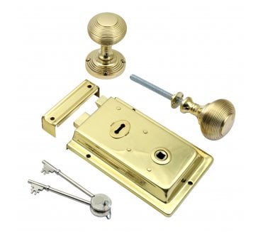 Prima Flanged Rim Lock c/w Beehive Rim Knobs - Polished Brass