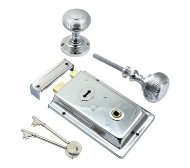 Prima Flanged Rim Lock c/w Beehive Rim Knobs - Polished Chrome