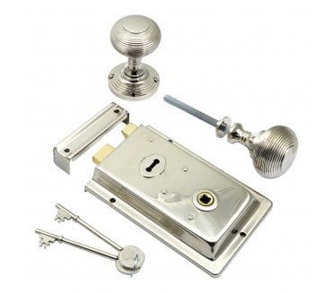 Prima Flanged Rim Lock c/w Beehive Rim Knobs - Polished Nickel