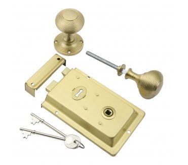 Prima Flanged Rim Lock c/w Beehive Rim Knobs - Satin Brass