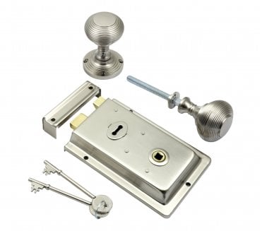 Prima Flanged Rim Lock c/w Beehive Rim Knobs - Satin Nickel