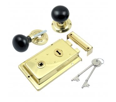 Prima Flanged Rim Lock c/w Ebony Mushroom Rim Knobs - Polished Brass