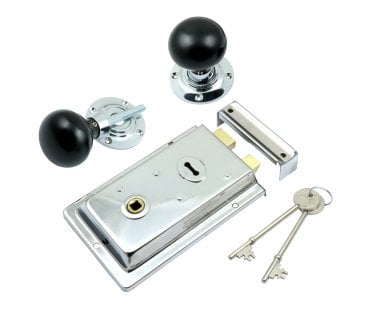 Prima Flanged Rim Lock c/w Ebony Mushroom Rim Knobs - Polished Chrome