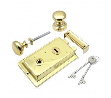 Prima Flanged Rim Lock c/w Mushroom Rim Knobs - Polished Brass