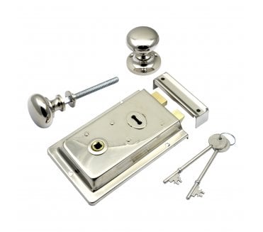 Prima Flanged Rim Lock c/w Mushroom Rim Knobs - Polished Nickel